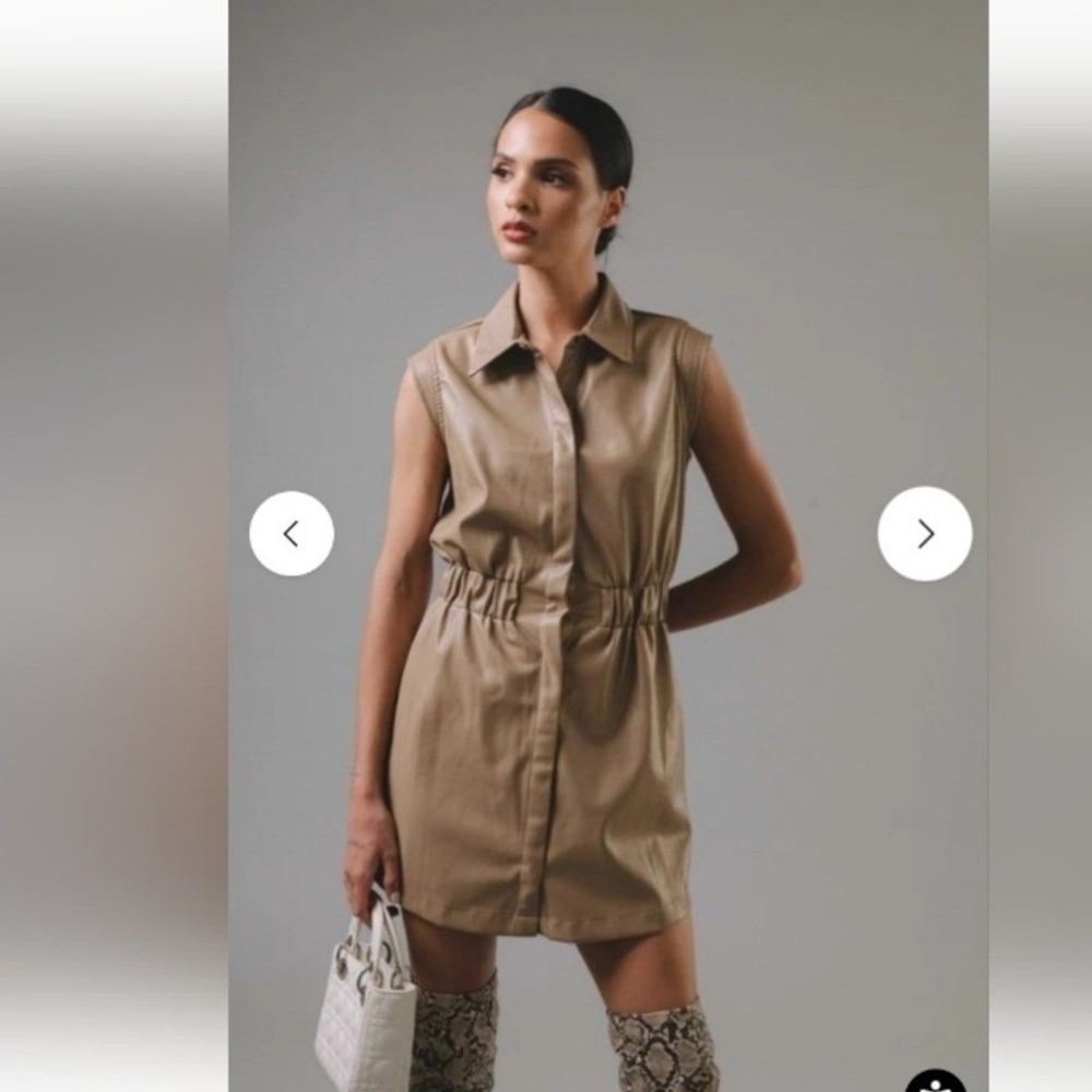 Elan Macchiato Faux Leather Sleeveless Mini Shirt Dress FL50153 Tan Small